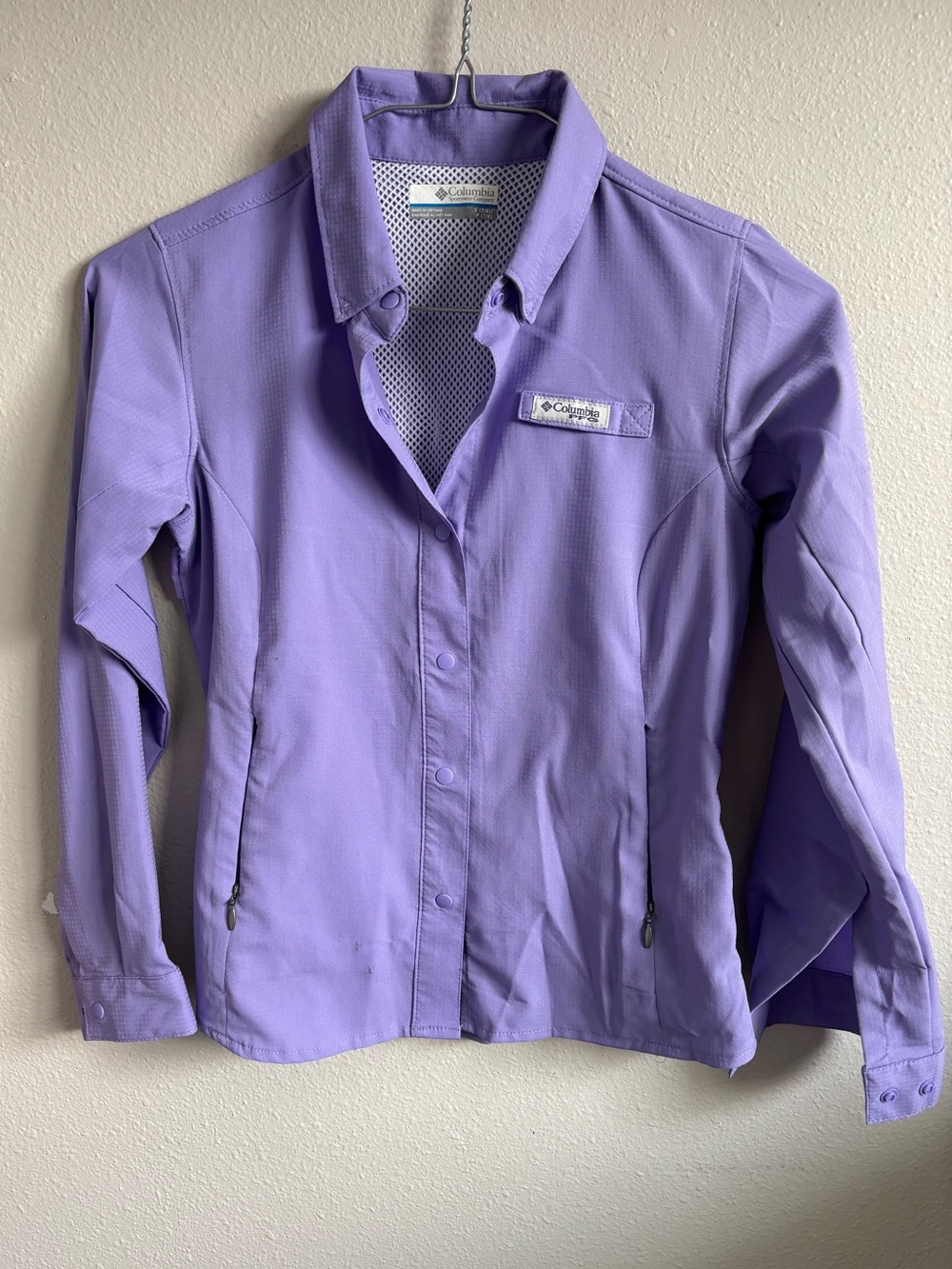 Columbia Girls Lavender Purple Omni-Shade Button Down Fishing Shirt Long S 7/8